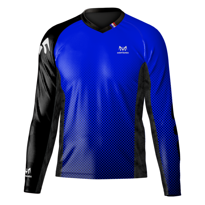 Tee-shirt, maillot, encolure en V, manche longue, manche raglan, renfort coude, panneau dorsal prolongé, coupe droite, aération coté et dessous de bras, Montanea, Bike, bleu, blanc, rouge, montanea.bike, matière TPU anti déchirure coude, jersey respirant, tissu technique, matière recyclée, élasthanne, jersey Oeko-tex standard 100, uni, bleu, noire.