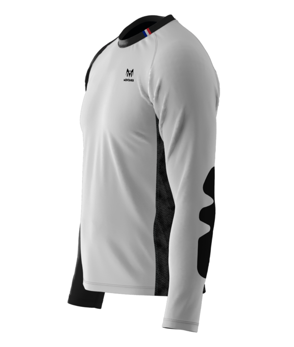 Tee-shirt, maillot, encolure en V , manche longue, manche raglan, renfort coude, panneau dorsal prolongé, coupe droite, aération coté et dessous de bras, Montanea, Bike, bleu, blanc, rouge, matière TPU anti déchirure coude, jersey respirant alvéolé, tissu technique, élasthanne, jersey Oeko-tex standard 100, manche noire.