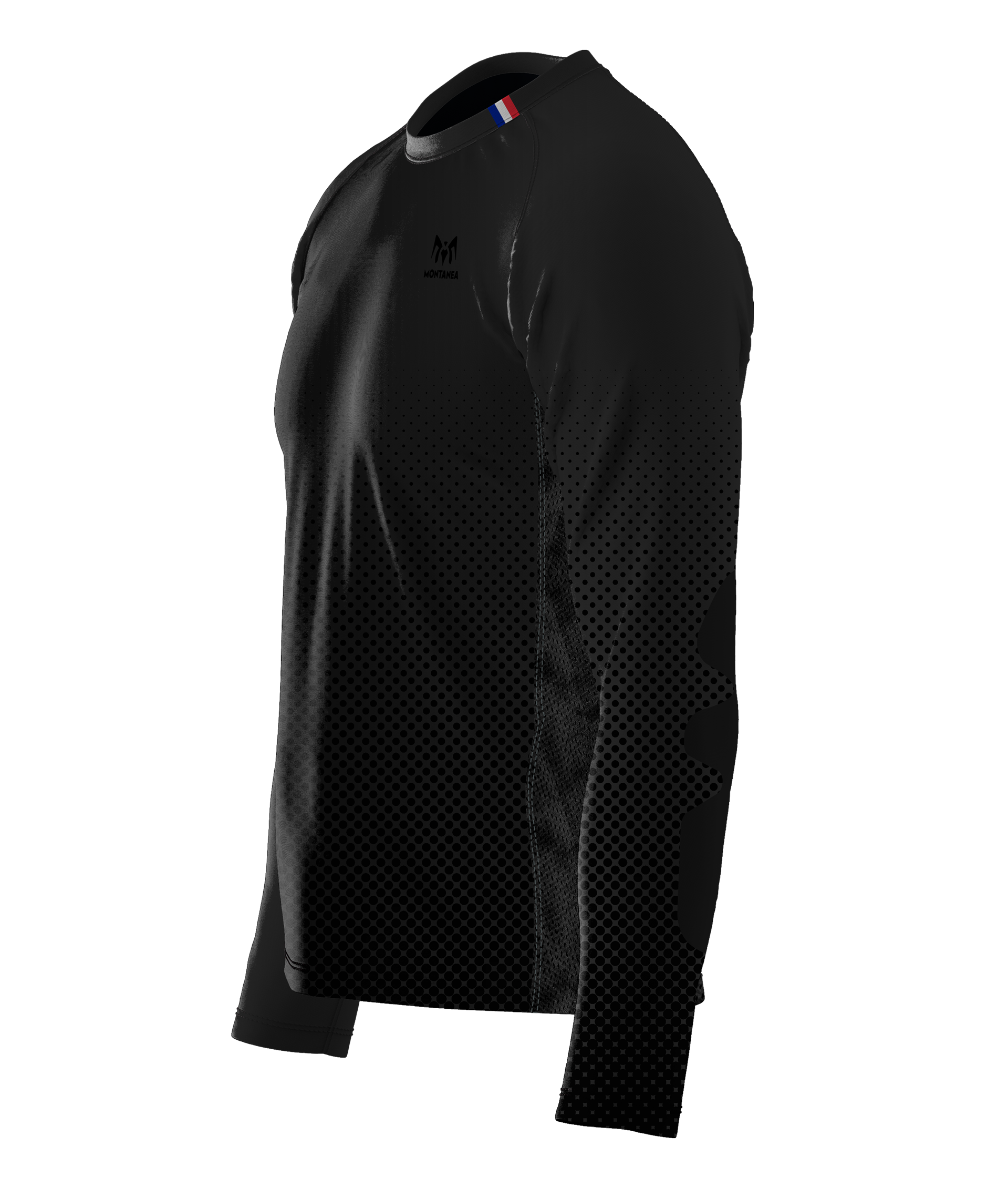 Tee-shirt, maillot, encolure en V, manche longue, manche raglan, renfort coude, panneau dorsal prolongé, coupe droite, aération coté et dessous de bras, Montanea, Bike, bleu, blanc, rouge, montanea.bike, matière TPU anti déchirure coude, jersey respirant, tissu technique, matière recyclée, élasthanne, jersey Oeko-tex standard 100, uni, noire.